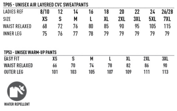 Trackie sizes